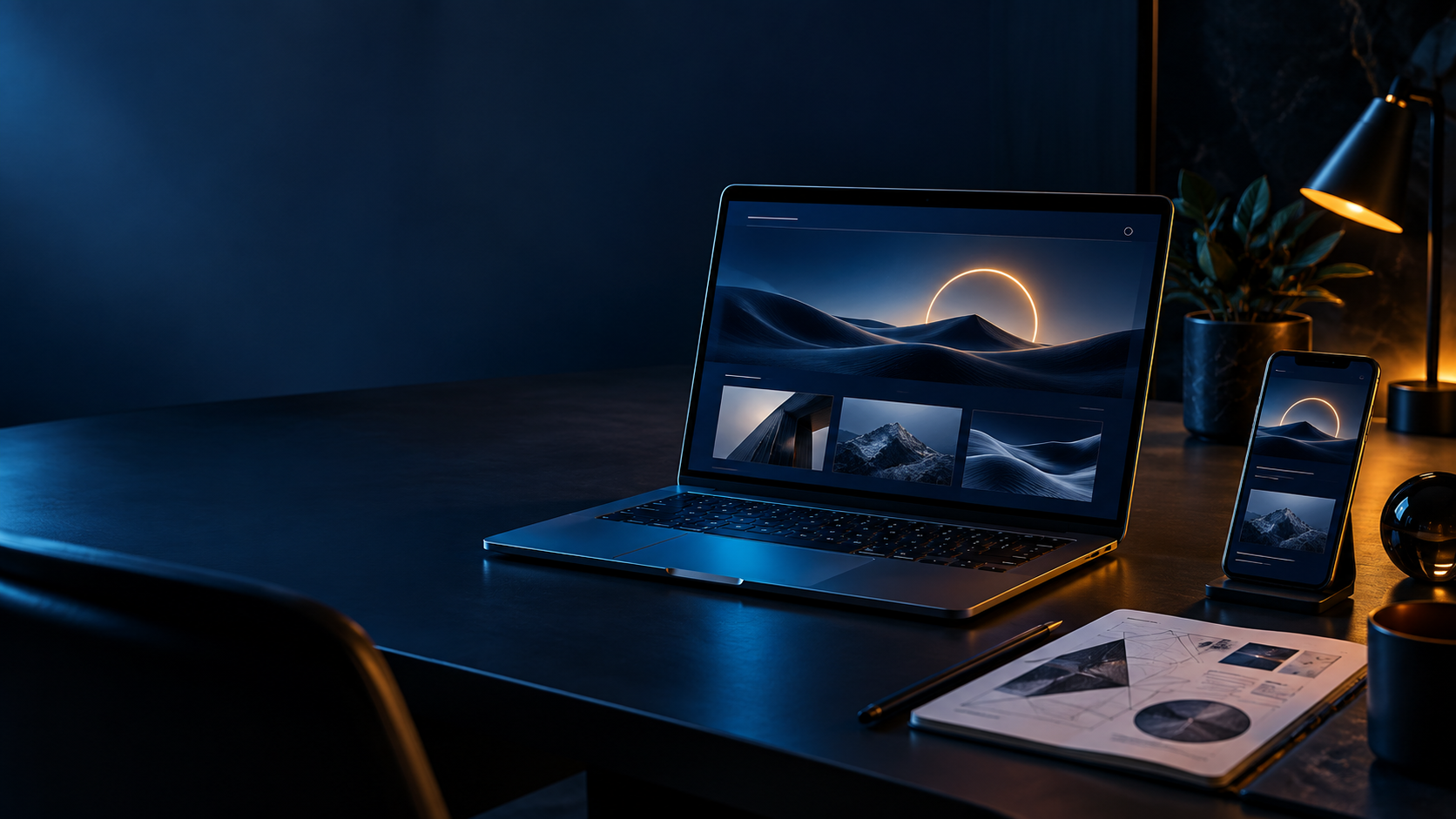 Laptop en smartphone op een moderne donkere werkplek